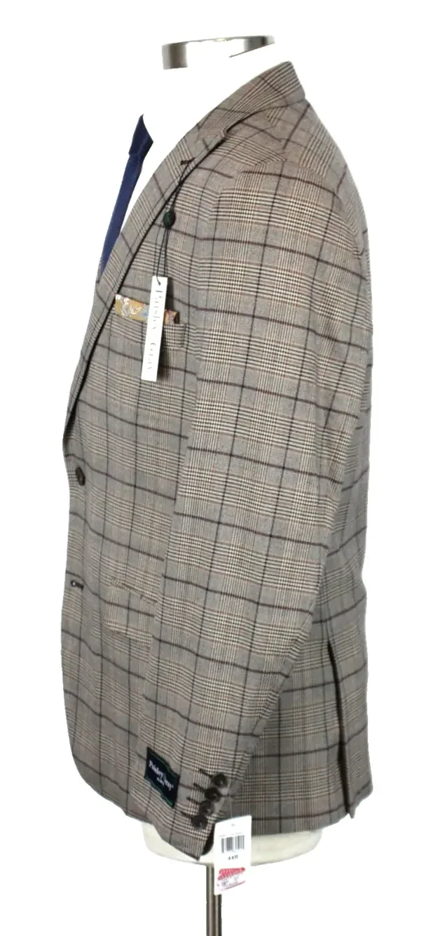 Paisley & Gray Sport Coat Mens 44 R Slim Fit Tan Burgundy Plaid Blazer Jacket